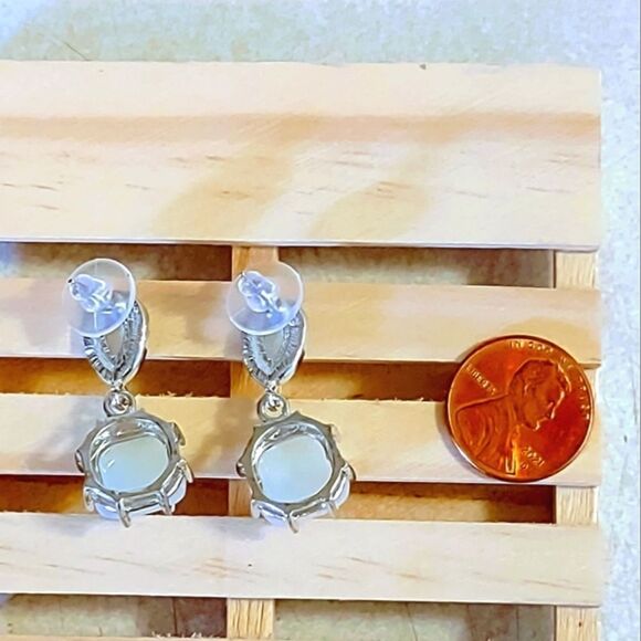 SYNTHETIC OPAL & CZ RHODIUM PLATED STAINLESS STEEL POST EARRINGS - Picture 4 of 6